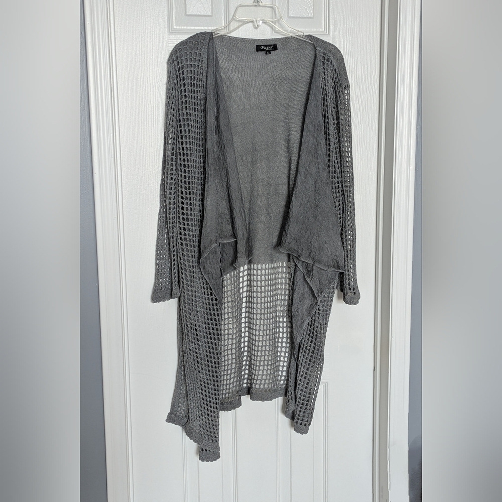 Women's (XL) Knit Cut-Out Squares w/Chiffon Panels Open-Front Cardigan/Sweater
